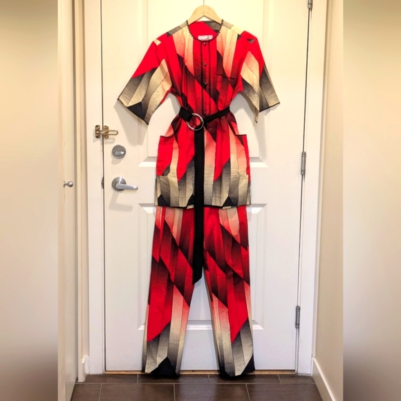 Swob Pants - Vintage Swob M Black and Red Patterned Co-Ord Set with Belt - SEE SIZE NOTES